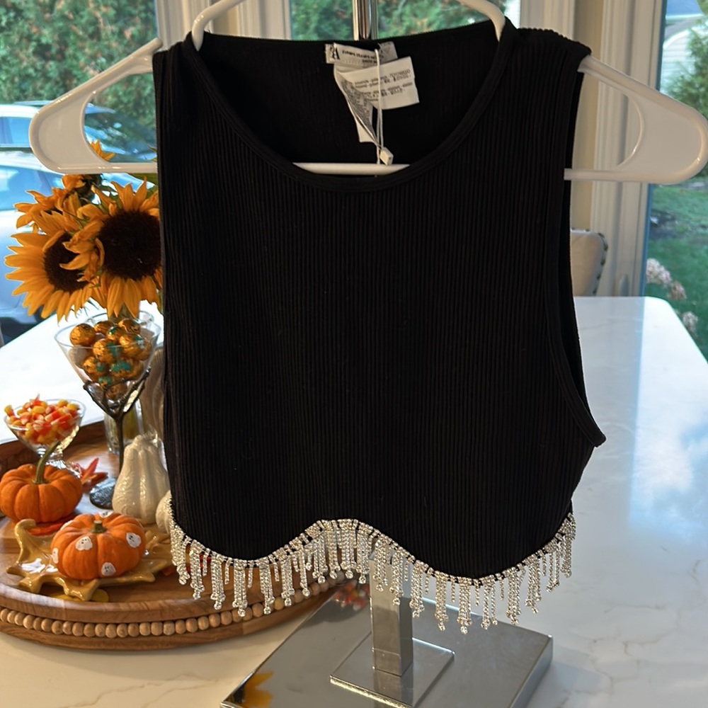 Zara Womens Black Sleeveless high neck top. Jewel appliqué at hem.Black - Picture 8 of 10